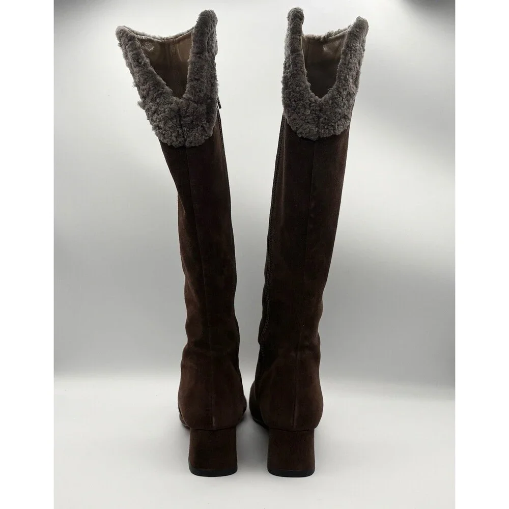 Christian Louboutin Brown Suede Knee High Boots Sheepskin Accent Size EU 36.5